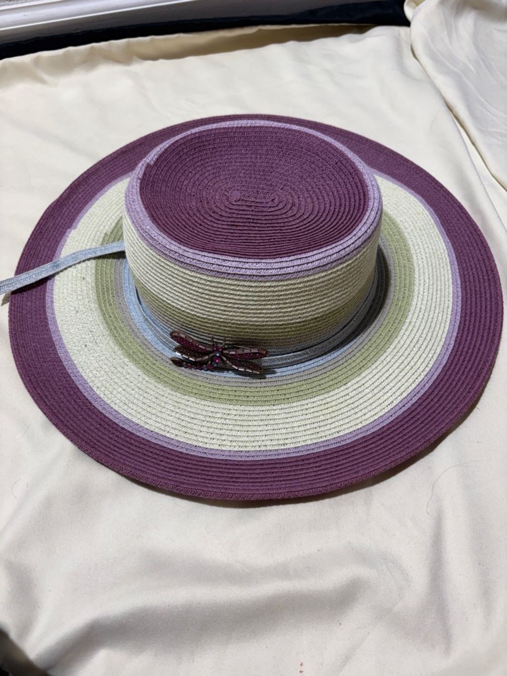 Striped Wide-Brim Sun Hat in Purple and Cream with Dragonfly Accent